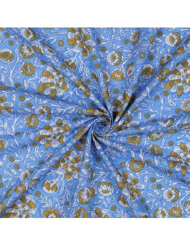 Tecido de algodão indiano block print Myrène - Azul