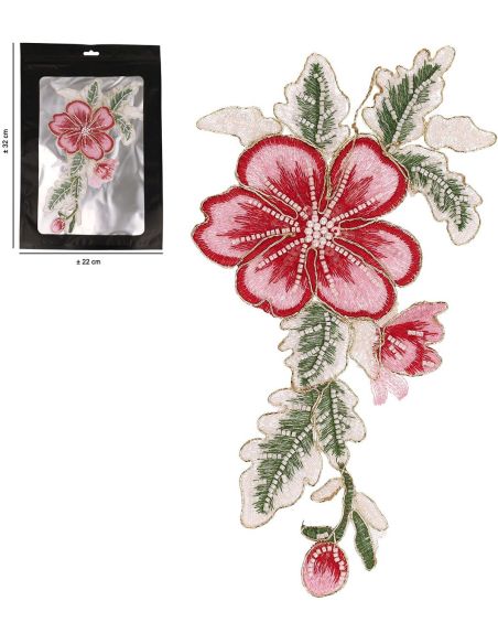 Emblema de flor com pérolas para costurar XL - Rosa e vermelho
