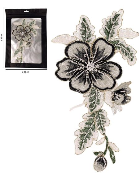 Emblema flor pérolas para costurar XL - Cinza e preto