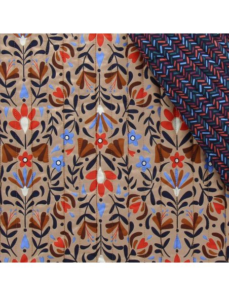 Tecido de algodão acolchoado Lafleur - Bege e azul